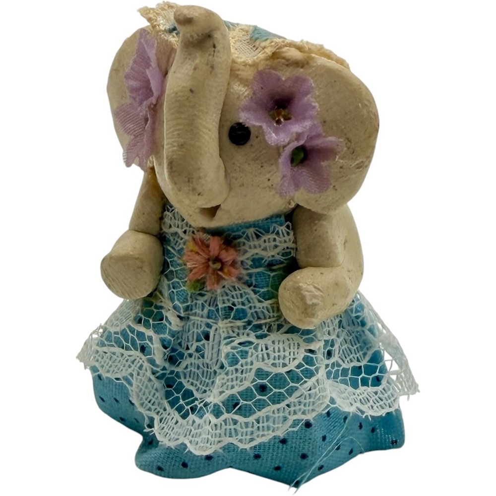 Vintage Elephant Figurine in Blue Polka Dot Lace Dress Floral Accents Small Toy